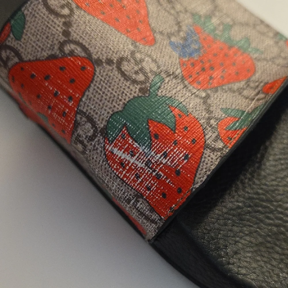 Gucci Strawberry Pattern Slides with Black Sole - Picture 6 of 11